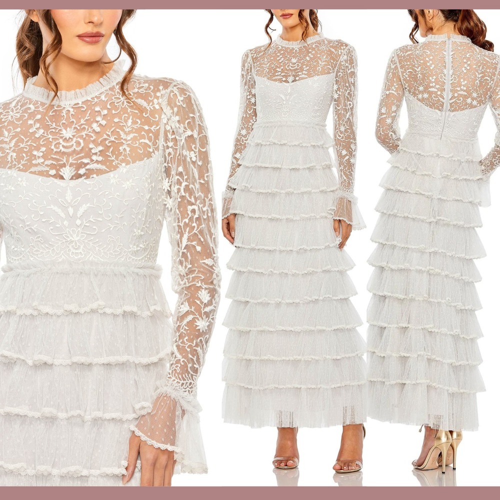 NEW Mac Duggal [ 2 ] 8003 Embroidered Long Sleeve Ruffled Tiered Dress Pea S2141